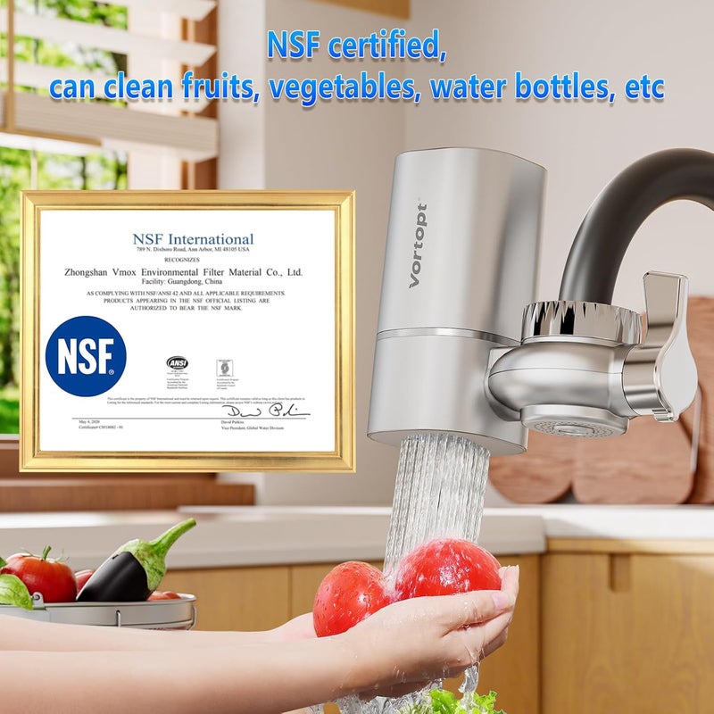 Vortopt Faucet Filter, NSF Certified, 400 Gallon High Efficiency Water Purification System, Fast 99% Chlorine & Odor Removal, Modern Simple Silver with 1 Water Filter（T1-Silver） - Image 5